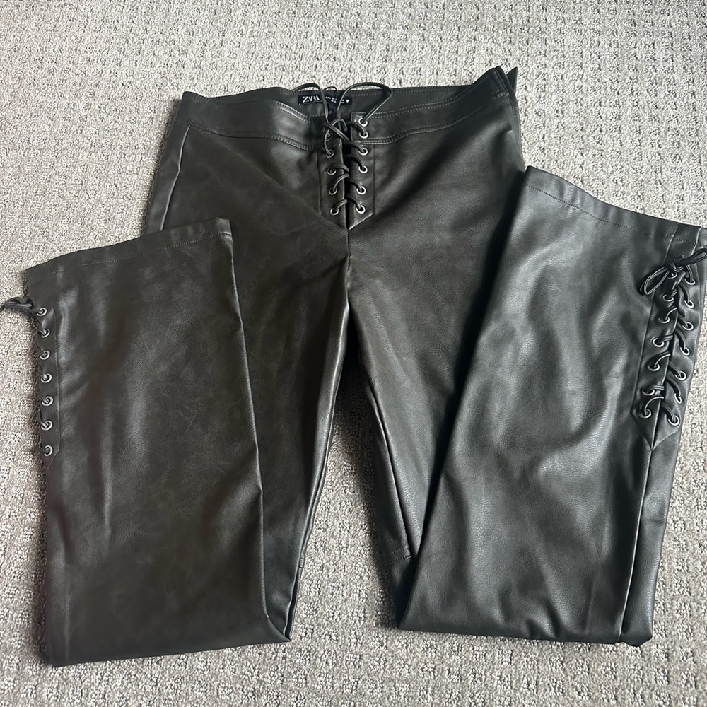 Zara Dark brown Lace-Up Faux Leather Pants